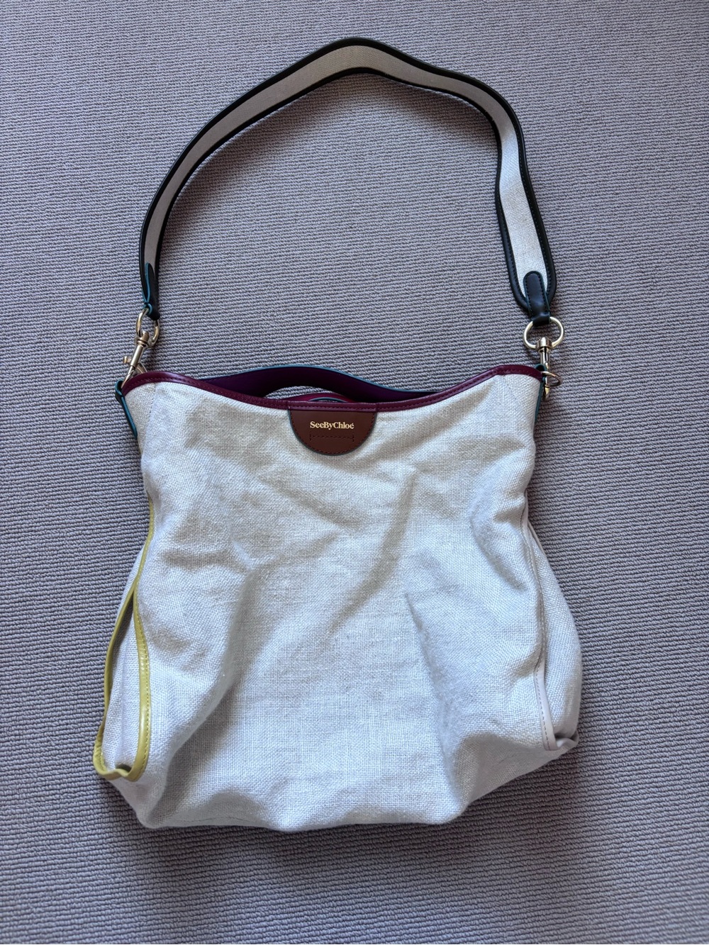See By Chloe Cream Linen Canvas Shoulder Bag with Multicolor Trim